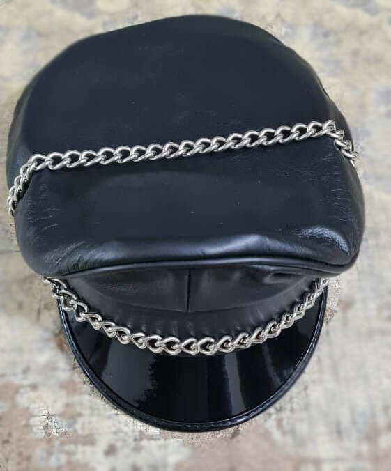 Finest Soft Real Leather Muir cap peaked cap with chain, Biker cap officer cap