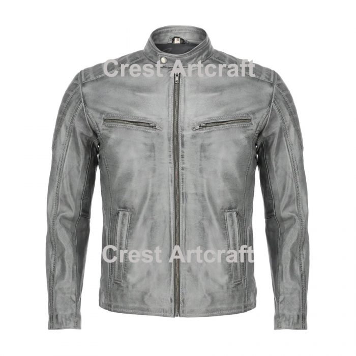 Mens Grey Lambskin Biker Leather Jacket